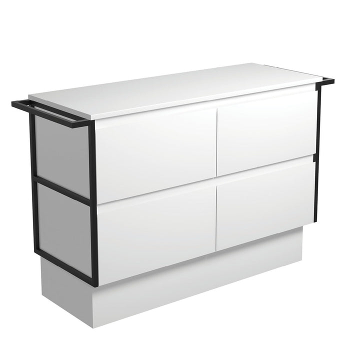 Amato Satin White 1200 Cabinet on Kickboard, Matte Black Towel Rails