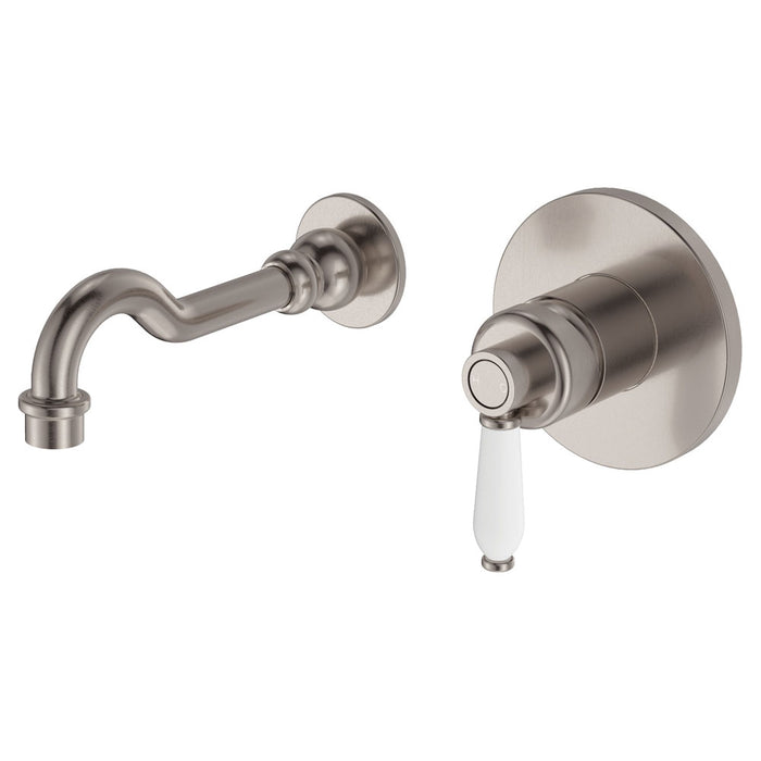 Eleanor Wall Mixer Bath/Basin Set 215mm Outlet, Brushed Nickel / Ceramic