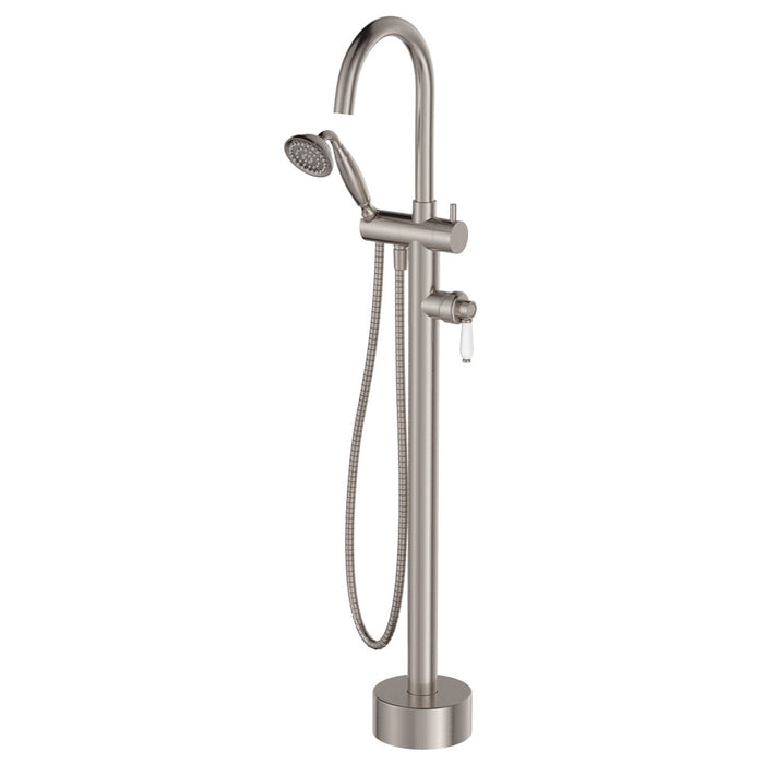 Eleanor Floor Mixer And Shower, Brushed Nickel White Handle