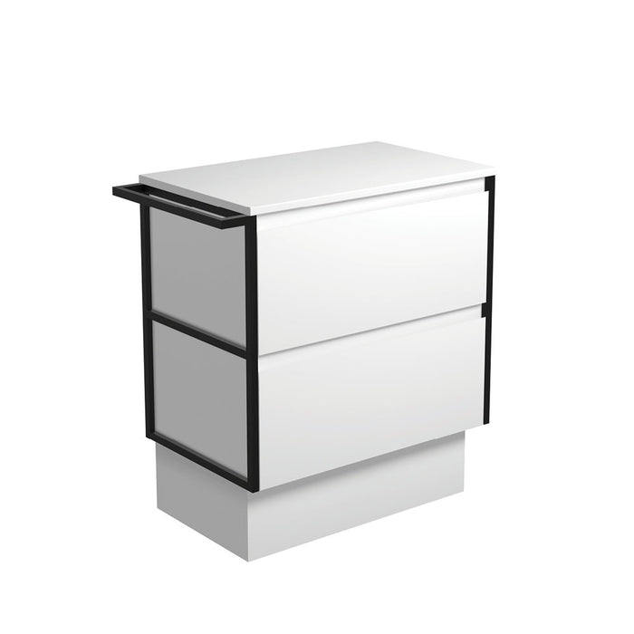 Amato Satin White 750 Cabinet on Kickboard, 1 Frame & 1 Towel Rail