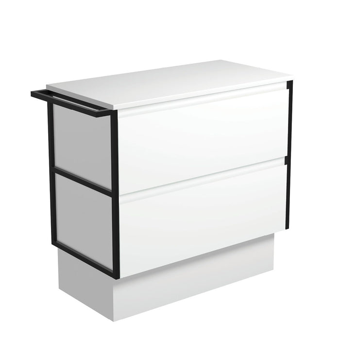 Amato Satin White 900 Cabinet on Kickboard, 1 Frame & 1 Towel Rail