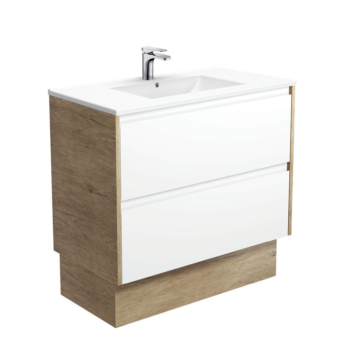 Dolce Amato Satin White Vanity on Kickboard, Scandi Oak Panels