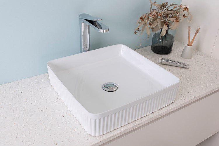 Square Fluted Above Counter Basin, Gloss White