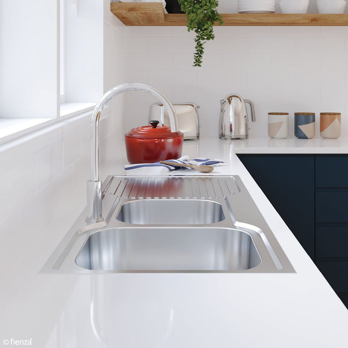 Tiva 1080 1.75 Kitchen Sink with Drainer, Left Bowl 68106L Fienza Tradie Secret